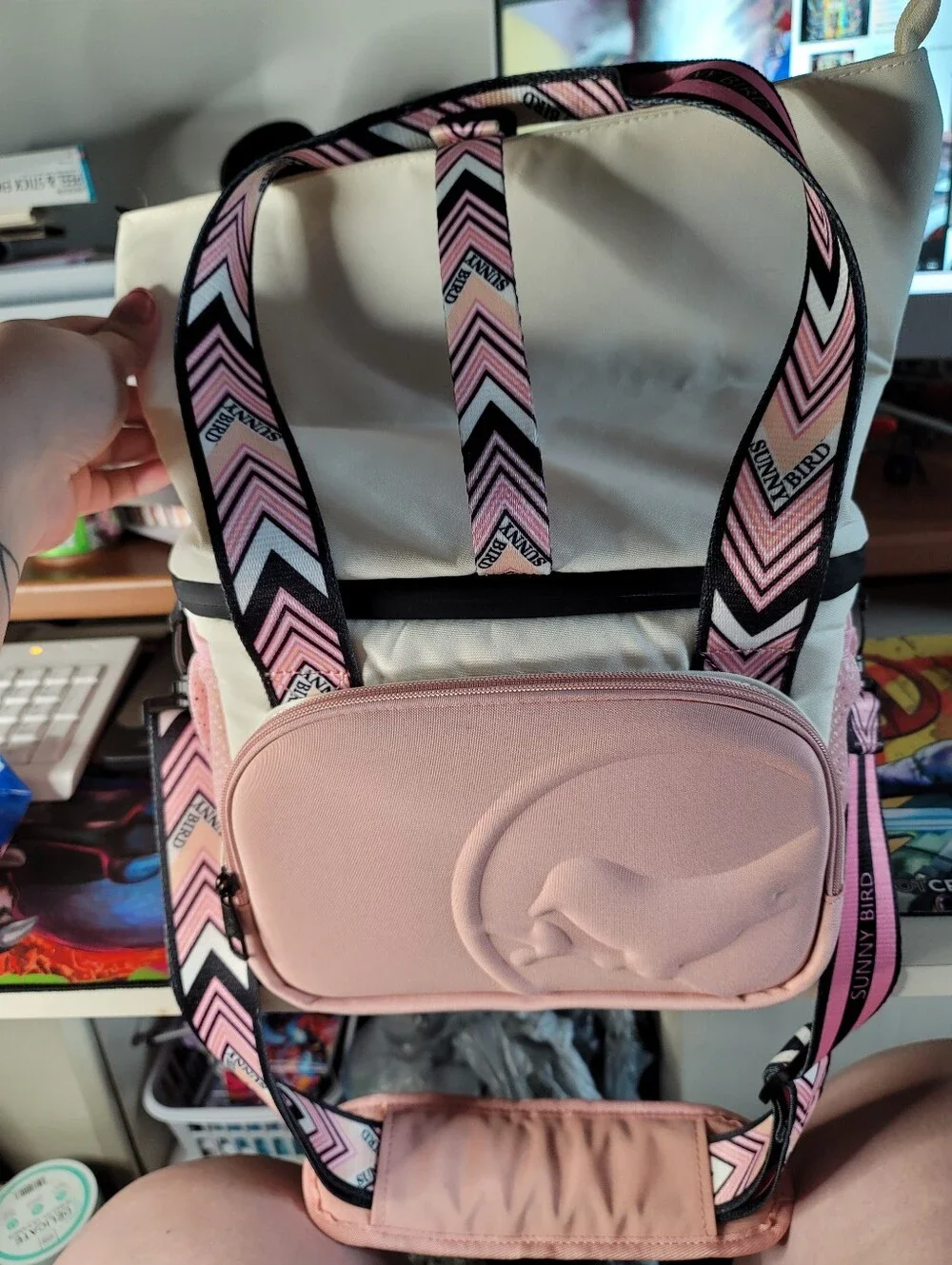 SUNNY BIRD Dual Compartment Insulated Lunch Bag (Pink & Cream)